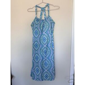 Prana Blue Green Geometric Medallion Halter Midi Dress with Shelf Bra Medium